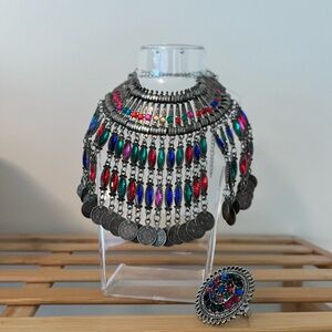 Multicolor Statement Necklace and Ring Set
